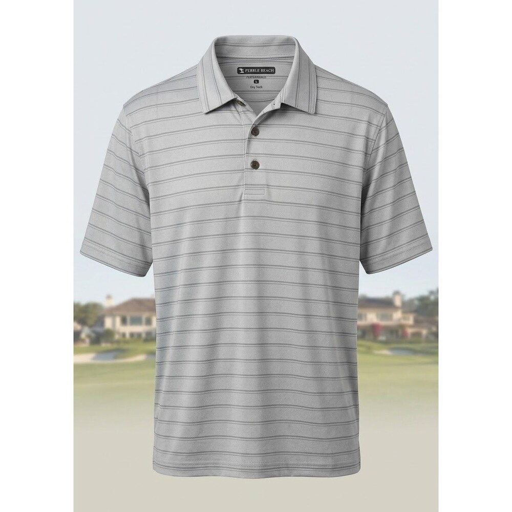 Pebble Beach Performance Golf Polo Shirt Men L Gray Striped Short Sleeve Casual